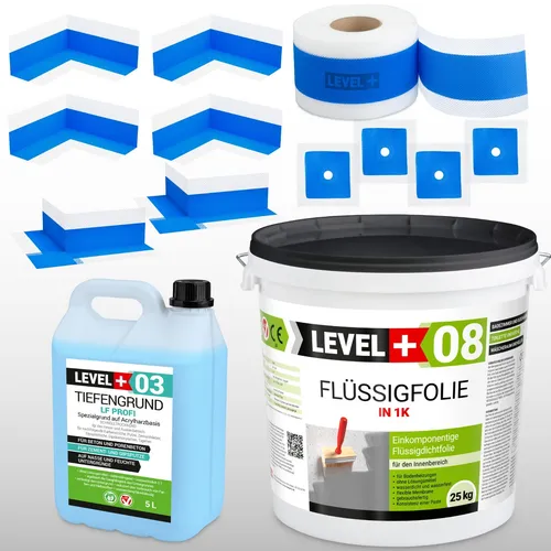Dicht-set Flüssigfolie 25kg – Dichtband 25M für Bad und Dusche - Dichtset für Innenräume, gebrauchsfertig und schimmelresistent, ideal für Dusche und Badezimmer. Enthält Wandmanschetten und Dichtband in Grau und Blau.