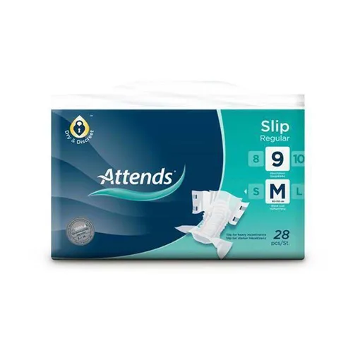 Attends Slip Regular 9 M, 112 Stück - Inkontinenzeinlagen für mittlere bis starke Inkontinenz, mit leistungsstarkem Saugkern für optimalen Auslaufschutz und Hauttrockenheit. Komfortable Klettverschlüsse sorgen für einfache Handhabung.