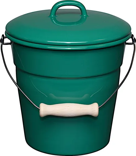 RIESS Allzweckeimer mit Deckel, 3,50 L - NATURE GREEN DARK - Mülleimer aus hochwertiger Emaille, bakterienhemmend und leicht zu reinigen. Ideal für Küche, Garten und mehr. Mit Holzgriff für einfachen Transport.