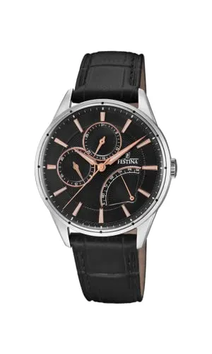 Festina Herren Uhr Analog mit Schwarzem Lederarmband - Quarzwerk - Mineralglas mit hoher Widerstandsfähigkeit - Elegant - Multifunktion F16974/4 Special Prices