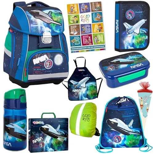 Goldkids Schulranzen NASA USA Weltraum Schulranzen-Set Ranzen Federmappe Schuhbeutel Trinkflasche Brotdose Regenschutz Zuckertüte Schürze Aktentasche Aufgabenheft 10-teilig