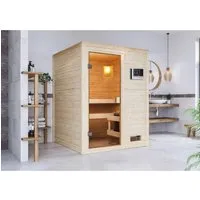Woodfeeling Sauna Sandra inkl. 9 kW Ofen mit ext. Strg. Glastür