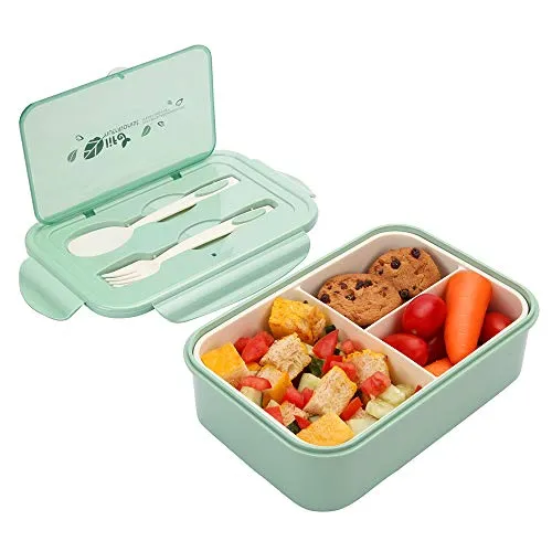 Merysen 1400 ml Brotdose aus Kunststoff für Kinder Und Erwachsene, Bento Box Lunchbox mit 3 Fächern und Besteck, Vesperdose Mikrowelle Heizung (Grün)