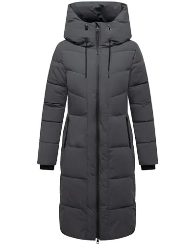 Navahoo Damen Wintermantel warmer Steppmantel mit 2-Wege Reißverschluss, wasserdichten Reißverschlüssen und verstellbarer Kapuze Schokokuss XIV Anthracite Gr. XL