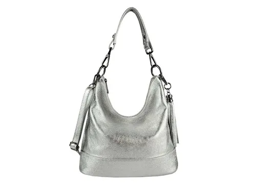 ITALYSHOP24 Schultertasche Made in Italy - Elegante Damen Leder Tasche in Silber - Schultertasche aus hochwertigem Leder, vielseitig tragbar als Handtasche oder Umhängetasche, mit geräumigem Hauptfach und stilvollem Fransen-Anhänger.