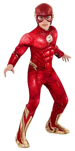 Rubies The Flash Deluxe Kostüm für Kinder, Jumpsuit mit muskulöser Brust, Stiefelüberzieher und Maske, offizielle DC Comics, The Flash für Karneval, Halloween, Partys und Geburtstage, M