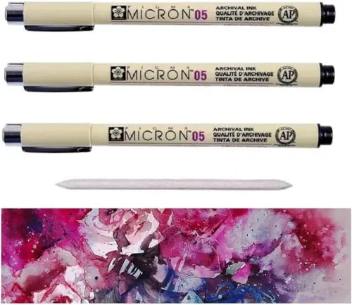 PIGMA MICRON Sakura Fineliner Nr.05 (0.45mm) Schwarz, 3 Stück UND 1 ESTOMPE