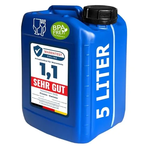 plasteo® 5 Liter Kanister Neu mit Sicherheitsverschluss (DIN 51) | Lebensmittelecht | Tragbar Stapelbar und Stabil | Schwere Qualität | Robust und Langlebig | Indoor und Outdoor | BPA Frei | Blau