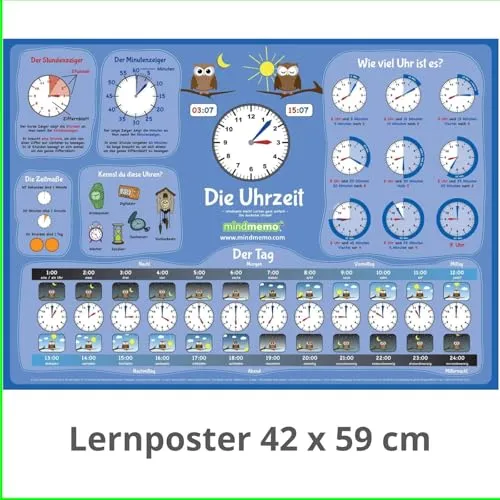 mindmemo Lernposter - Die Uhrzeit lernen Grundschule Poster Deutsch lernen Uhr für Kinder Lernhilfe Zusammenfassung DIN A2 42x59 cm PremiumEdition in ... Lernhilfe - DinA2 PremiumEdition