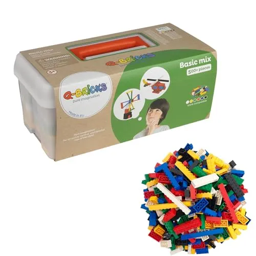 Kreativ-Bauset mit klassischen Bausteinen | 500-teiliges Set | 7 klassische Formen | 6 Farben | 100% kompatibel | Hergestellt in der EU | Verpackt in einem wiederverwendbaren Koffer | Basismischung