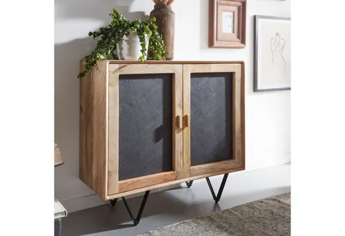 FINEBUY Sideboard FB34721 - Massivholz Anrichte mit 2 Türen - Stilvolles Sideboard aus massivem Mangoholz in Braun mit einzigartigen Steinoptik-Türen und robusten Metallbeinen. Perfekt für kleine Räume und als dekorativer Stauraum.