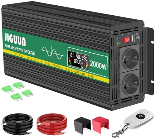 JIGUUN 2000W Wechselrichter Spannungswandler 12V auf 230V Reiner Sinus