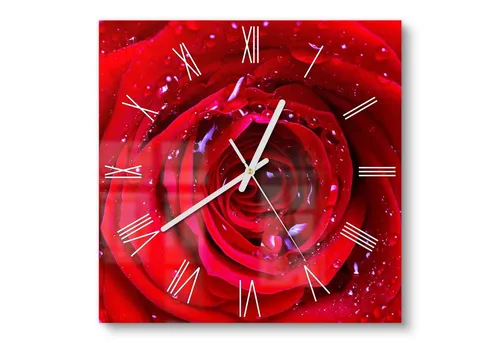 DEQORI Glasuhr 30x30 cm Römisch 'Rose mit Wasserperlen' - Verleihen Sie Ihrem Raum mit der stilvollen DEQORI Wanduhr im 3D-Design einen besonderen Akzent. Hergestellt aus robustem Sicherheitsglas, bietet sie eine elegante Optik und ist ideal für jedes Zimmer.