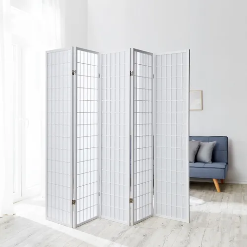 Homestyle4u 5-tlg. Paravent in Weiß 220x175 cm - Stilvoller Raumteiler - Alles rund ums Fenster: Dieser elegante Paravent aus massivem Holz bietet Sichtschutz und schafft Privatsphäre. Zusammenklappbar und leicht aufzustellen, ideal für jeden Wohnbereich.