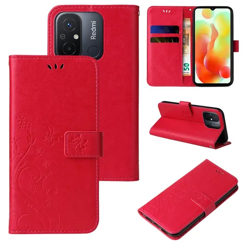 Handyhülle für Xiaomi Redmi 12C Cover Klapp Case Tasche Blume Schmetterling Rot