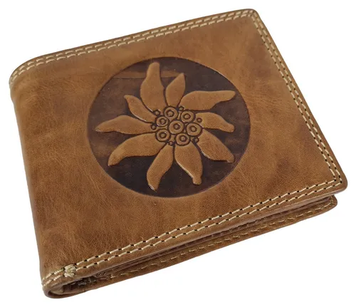 Einkaufszauber Echt Leder Geldbeutel Edelweiß Tan - original Büffel-Leder - Herren-Geldbörsen, 12x10 cm groß, aus original Büffel-Leder und mit RFID-Schutz für maximale Sicherheit.