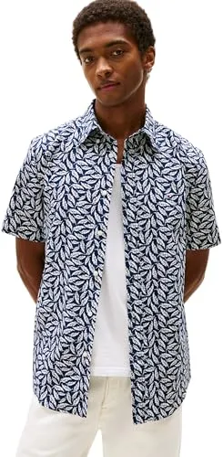 Tommy Hilfiger Herren Hemd Linen Blend Print Kurzarm, Mehrfarbig (Carbon Navy/Allover), M