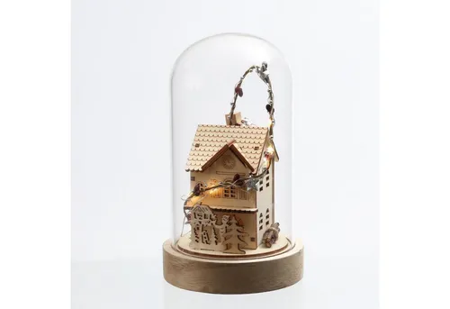 MARELIDA LED Dekoobjekt LED Deko in Glaskuppel Holzhaus Weihnachtsdeko 10 LED 20cm natur, LED Classic, warmweiß (2100K bis 3000K)