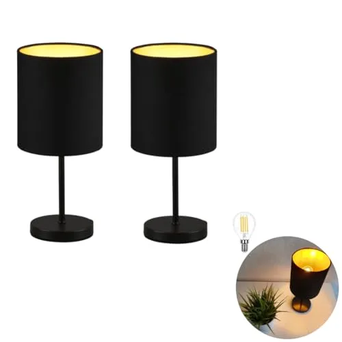 Lichthandel Hoch 2er Set LED Nachttischlampe modern LED Tischlampe Tischleuchte Stoffschirm Schlafzimmer, Fensterbank, Wohnzimmer, Arbeitszimmer, Beistelltisch incl. 3W LED (schwarz gold vintage LED)