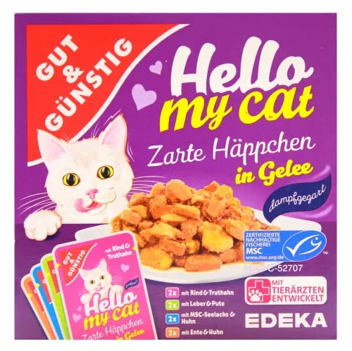 Gut & Günstig Hello My Cat Zarte Häppchen in Gelee – 4 Geschmacksrichtungen, 8er Pack