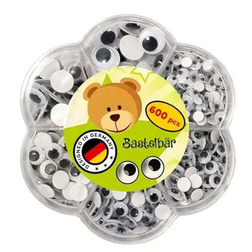 Wackelaugen Selbstklebend • 600 Stück • Premium Kulleraugen selbstklebend • Sortiert • Deutsches Kleinunternehmen • Augen zum Basteln • Bastel Augen für DIY Scrapbooking UVM • Verschiedene Größen