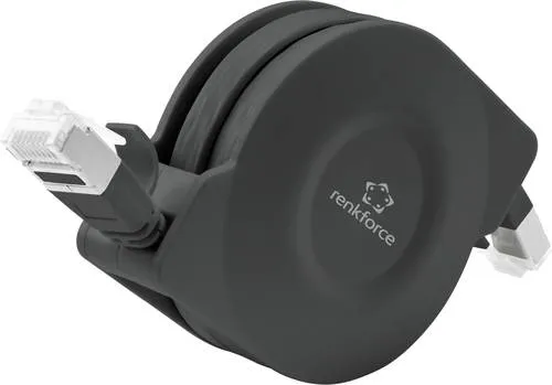 Renkforce RF-4476386 RJ45 Netzwerkkabel, Patchkabel CAT 6a U/FTP 1.50m Schwarz Flache Ausführung, inkl. Aufroller 1St.