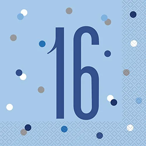 Papierservietten - Zahl 16 - 16,5 cm - Glitzer Blau & Silber Geburtstag - 16er-Packung