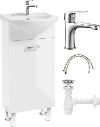 Badezimmerschrank mit Waschbecken, Weißglanz, 40x84, auf Mea-Beinen, mit länglichem Chromhahn