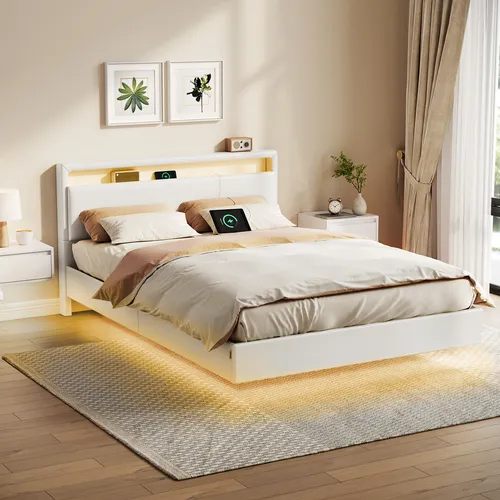VASAGLE Polsterbett 140 x 200 cm mit LED-Beleuchtung - Stylisches Polsterbett mit schwebendem Effekt, hohem Kopfteil und integrierter Ladestation – ideal für modernes Wohnen und höchsten Komfort.