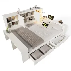 Redom Stauraumbett Weiß 140x200 cm mit USB-Anschlüssen - Das Redom Stauraumbett in modernem Weiß bietet eine clevere Kombination aus Schlafplatz und Stauraum. Mit USB-Anschlüssen und einem flexiblen Leselicht ist es ideal für jedes Schlafzimmer.