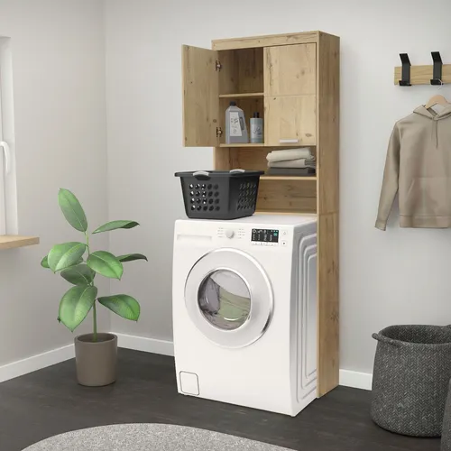 ML-Design Waschmaschinenschrank Eichenoptik 63x24x187,5 cm - Badezimmerschrank mit viel Stauraum für Reinigungsmittel, ideal für kleine Räume. Elegante Eichenoptik und praktische Ablagen für eine optimale Raumnutzung.