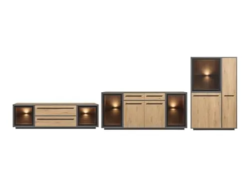 moebel-dich-auf Wohnwand Nardo in Wildeiche mit LED-Beleuchtung - Moderne Wohnwand in Wildeiche-Nachbildung, verfügbar in verschiedenen Sets. Sanfte Softclose-Funktion für Türen und Schubkästen. Inklusive stilvoller LED-Beleuchtung für eine angenehme Atmosphäre.
