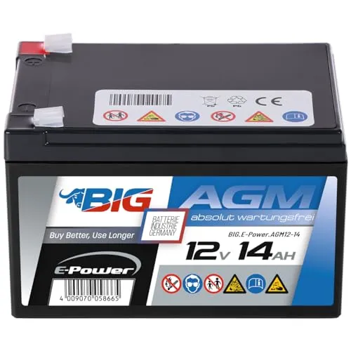 BIG E-Power AGM Versorgerbatterie: Ideal für Wohnmobil, Caravan, Photovoltaik, Inselanlagen, Solaranlagen, Camping, Marine, Gartenhütte, Unabhängige Stromversorgung, Windkraftanlagen (12V - 14Ah)