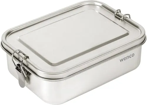 wenco Lunchbox aus Edelstahl, Mit 2 Fächern, Brotdose groß mit 850ml Fassungsvermögen, Wasserdicht, Spülmaschinengeeignet, inkl. Ersatz-Silikonring, 18,5 x 14 x 5,5 cm, Silber