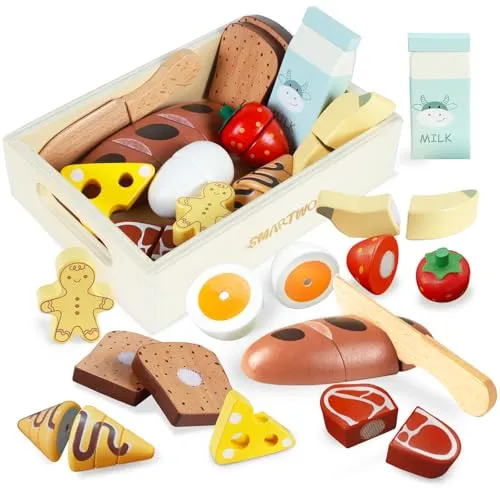 Smartwo Kinderküche Zubehör Holz Lebensmittel zum Schneiden, Spielküche Zubehör Frühstück Set, Küchenzubehör für Rollenspiele, Holzspielzeug Küche 12PCS, Geschenk für Mädchen Jungen ab 3 Jahre