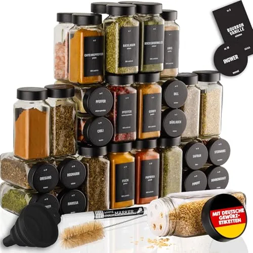 Deco haus® Gewürzgläser Eckig mit Gewürzetiketten Gewürzgläser mit Streueinsatz 36er Set - Gewürzdosen Set Gewürzbehälter Gewürzaufbewahrung - Spice jars Gewurzglaeser Gewürzstreuer Glas