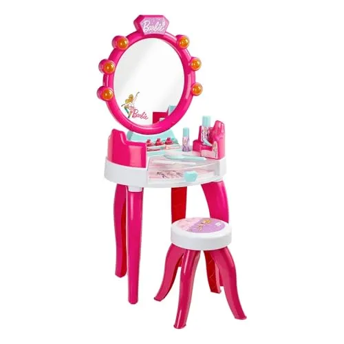 Theo Klein Barbie Schönheitsstudio mit Licht- und Soundfunktion - Make-up- & Schmuck-Sets für Kinder: Glamouröses Schönheitsstudio mit schwenkbaren Ablageflächen und Styling-Zubehör fördert Kreativität und Motorik der Kleinen.