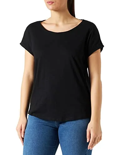 Build Your Brand Damen Long Slub Tee – Locker geschnittenes T-Shirt mit Cut-on-Ärmeln, Slub-Struktur & verlängertem Rückenteil, lässig & bequem, Black, 5XL