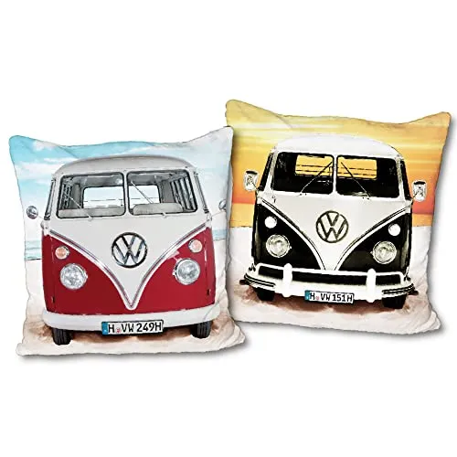 VW Volkswagen Kissen Bulli Beach Rot - Schwarz 40 cm x 40 cm Schmusekissen Kuschelkissen Wende-Deko-Kissen Zierkissen Reise-Kissen Kopfkissen Bus Campervan T1 Bus Auto Car Retro zur Bettwäsche 089