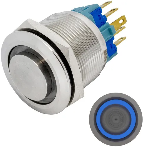 Edelstahl Drucktaster erhaben Ø25mm Ring LED Blau IP65 2,8x0,5mm Pins 250V 3A Va