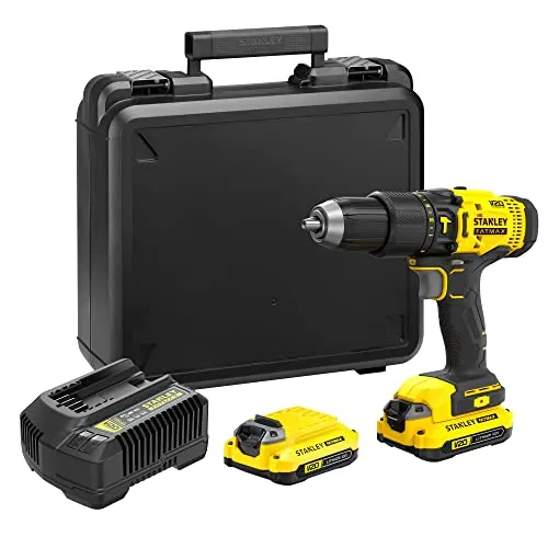 STANLEY FATMAX SFMCD711C2K-QW - 18V Hammerbohrer mit 50 Nm Drehmoment - Akkuschrauber mit 2-Gang Planetengetriebe und kraftvollem Schlagwerk bis 25.500 ppm für schnelles Bohren. Inkl. 2x 1,5 Ah Akkus und LED Licht für optimale Sicht.