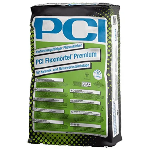 PCI Flexmörtel Premium 20kg Sack grau - Mörtel für Keramik- und Naturwerksteinbeläge, verformungsfähig und ideal für Innen- und Außenanwendungen. Hohe Ausblühsicherheit und 90 Minuten Verarbeitungszeit.