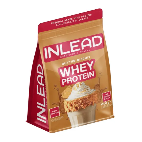 Inlead Whey Protein 1000g Butter Biscuit - Proteinreich und glutenfrei - Mahlzeitenersatz-Getränk mit 33 Portionen, ideal nach dem Training. Mit leckerem Butter Biscuit Geschmack, bietet es eine bewusste Wahl für Fitness und Bodybuilding.