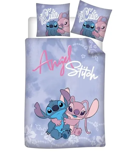 Angel und Stitch Bettbezug 140 x 200 cm - 70 x 90 cm - Bettwäsche-Set mit wendbarem Design, aus 100% Baumwolle für hohen Komfort. Ideal für Disney-Fans und ein perfektes Geschenk für jeden Anlass.