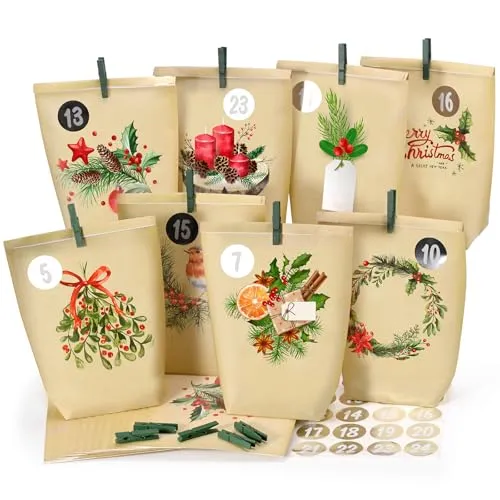 Adventskalender zum Befüllen 2025, 24 Weihnachtskalender Papiertüten zum Selbstbefüllen, Geschenk Kraftpapiertüten Advents Tüten,Wiederverwendbar