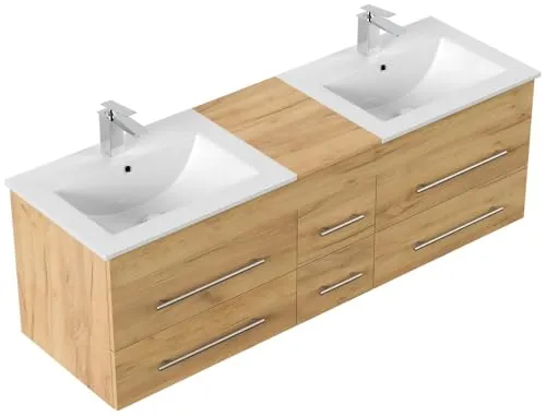 Magnolia Home Doppelwaschtisch Roma XL 150x46cm Eiche Gold - Eleganter Doppelwaschtisch für Ihr Badezimmer, ausgestattet mit SoftClose-Schubladen und hochwertigem Keramikwaschbecken. Ideal für stilvolle Raumgestaltung.