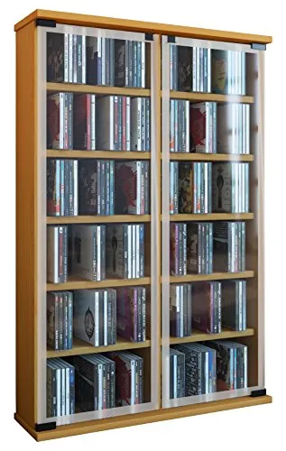VCM CD-Regal Galerie mit Glastüren - Glasvitrine aus Buche mit 12 Fächern und 10 höhenverstellbaren Böden, schützt Ihre Sammlung vor Staub und Schmutz.
