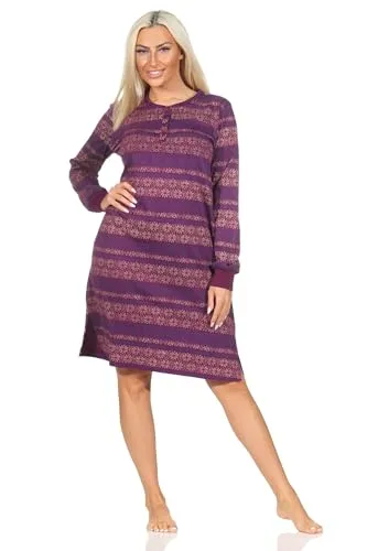 Normann Damen Langarm Nachthemd mit Bündchen im Ethnolook - auch in Übergrößen, Farbe:Beere, Größe:56-58