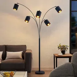 Lindby Stehlampe Abiram, 5-flammig, Modernes Design in Schwarz und Gold - Standleuchte Abiram mit fünf E14 Leuchtmitteln für optimale Ausleuchtung, stilvolles Design aus Metall und Textil, ideal als Wohnaccessoire.