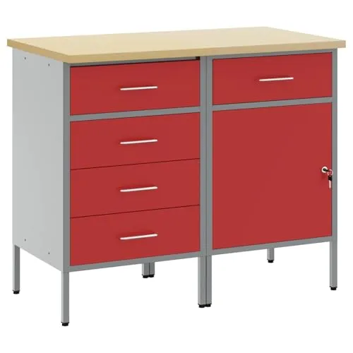 vidaXL Werkbank Werkstattschränke 2 Stk. Rot und Grau - Werkbänke in stylischem Rot-Grau, robust aus Stahl und Holzwerkstoff. Ideal für Werkstätten, bieten 4 geräumige Schubladen für optimale Werkzeugorganisation und Sicherheit.